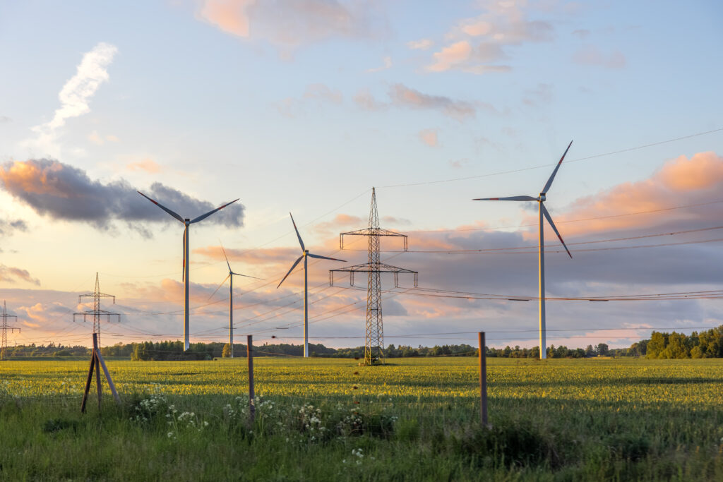 Wind turbines stand alongside power lines in a rural field under